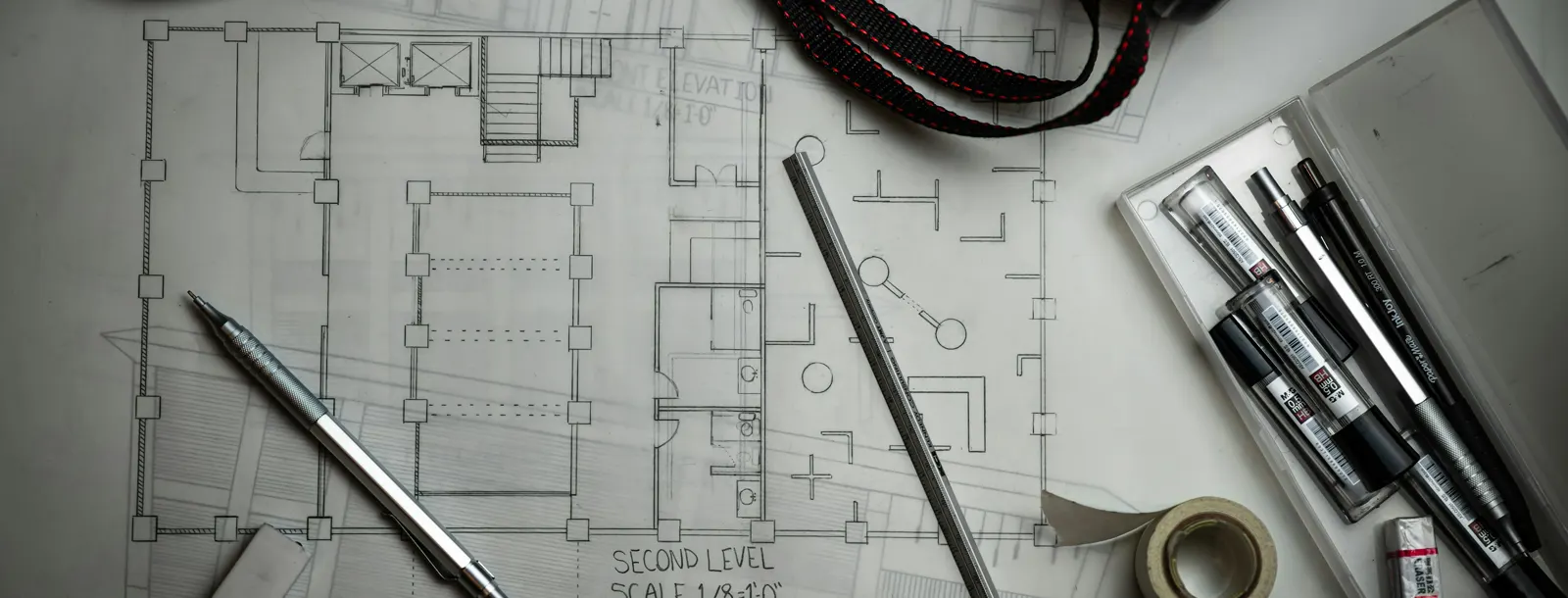 Piante architettoniche su un tavolo con un portamine, un righello metallico e un astuccio di penne da disegno